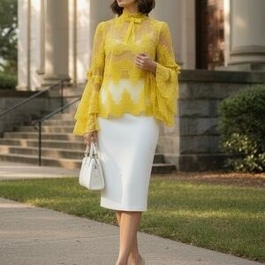 # A086  Nancy  Romantic Yellow Lace Sheer Embroidered Ruffle Top NWT M